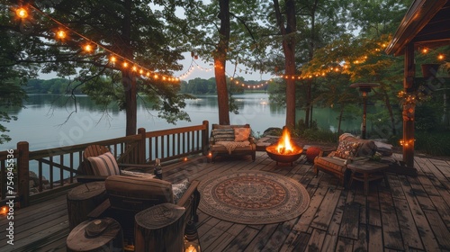 An enchanting evening on a lakeside cabin porch, with string lights and a firepit creating a warm and cozy outdoor retreat.