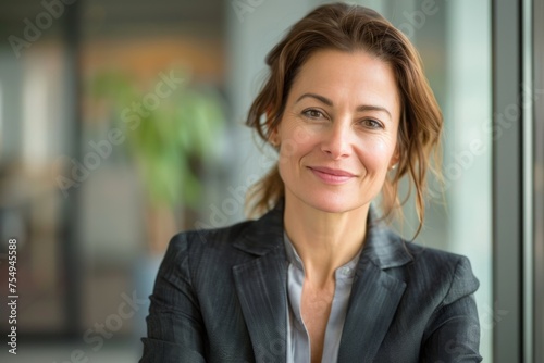 Free Download Confident portrait of a middle-aged business woman, successful in her career, smiling and wearing a suit in the company or office. - GFXLoad