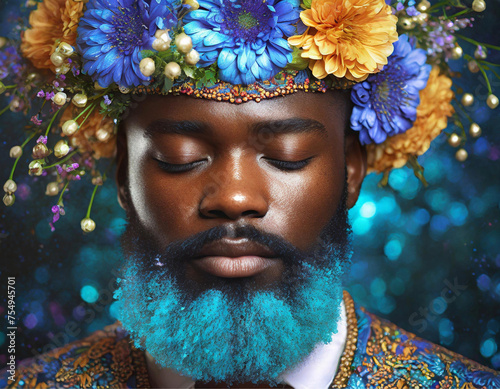 Close no rosto de um homem negro, com barba azul e com muitas flores na cabeça.