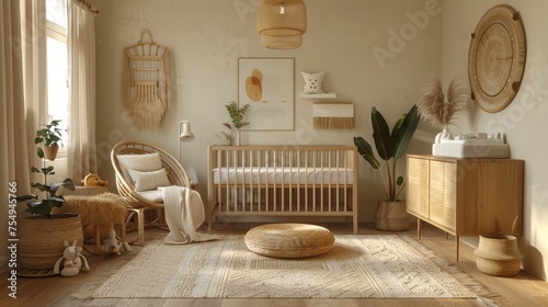 Cozy bohemian-style nursery with natural wood crib, rattan furniture, and woven decor bathed in warm sunlight.