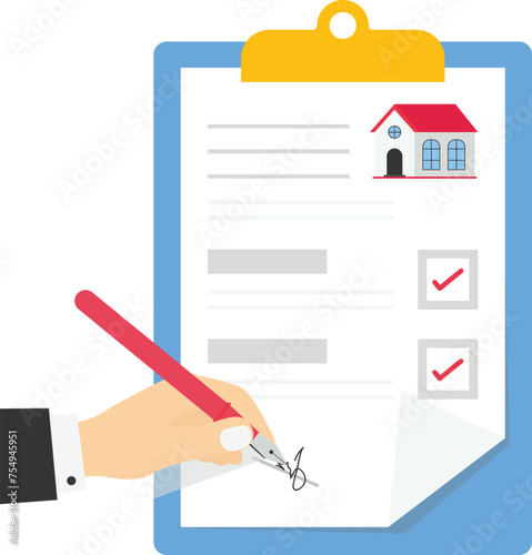Customer writing signing signature on paper contract and receive home key, Agreement to sign the purchase contract concept.

