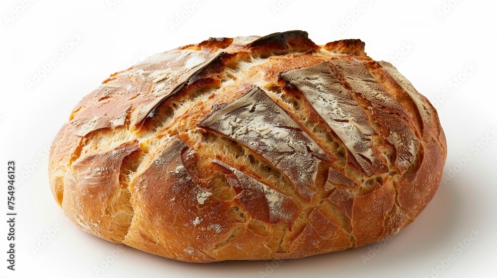 A close-up of a crusty, freshly baked artisan wheat bread loaf with a deep golden color and flour dusting on a white background.