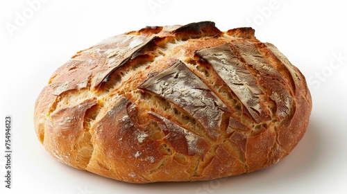 A close-up of a crusty, freshly baked artisan wheat bread loaf with a deep golden color and flour dusting on a white background.