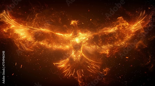 Fototapeta Naklejka Na Ścianę i Meble -  A stunning visual of a golden phoenix rising with wings spread wide, enveloped in a mesmerizing dance of fire and sparks.