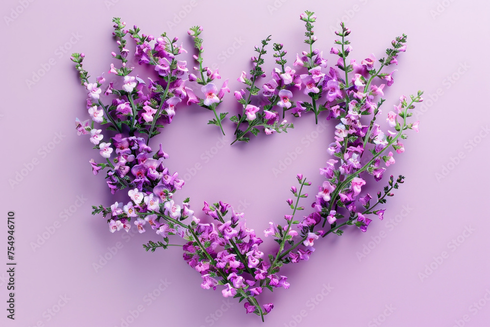 Beautiful arrangement of purple flowers in the shape of a heart on a light pink background