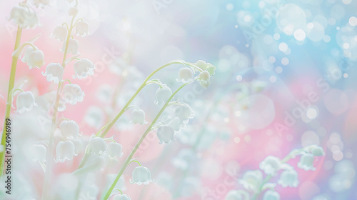 Closeup of white flowers, lily of the valley, pastel pink and blue background with bokeh