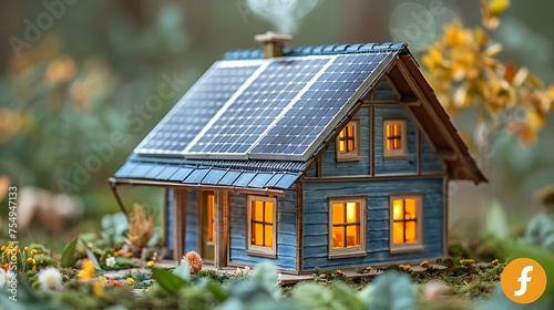 Miniature Home with solar panel on forest nature energy AI Image Generative