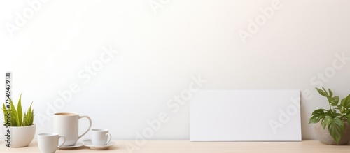 A rectangle white canvas sits on a hardwood table next to a white wall, creating a serene landscape. The contrast of tints and shades is highlighted by the glass serveware on display