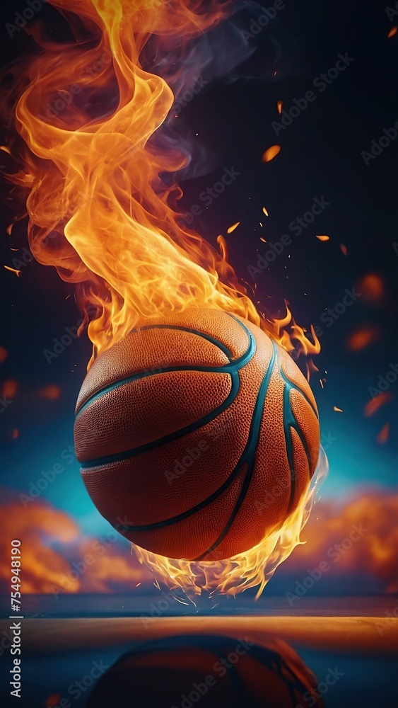 basketball ball on fire on a dark background
