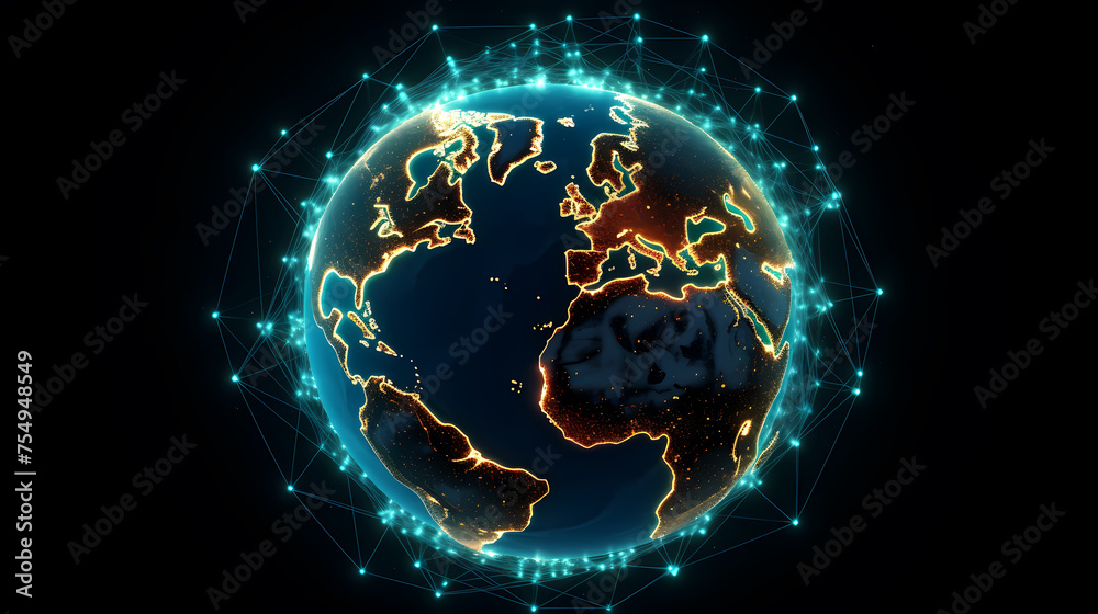 Obraz premium Digital technology network big data effect connected node cluster network, abstract connection background line sphere