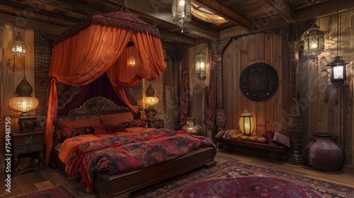 A majestic bedroom that captures the essence of the East with ornate accents  rich drapery  and ambient lantern lighting.