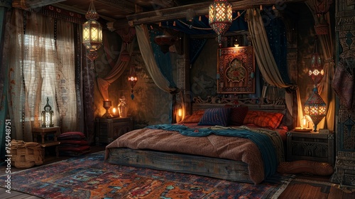An opulent bedroom adorned with colorful hanging lanterns, rich textiles, and intricate patterns, exuding Middle Eastern elegance.