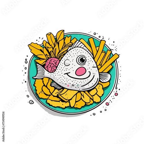Illustration of a Whimsical Fish with a Flower Crown and Fries