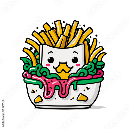 Illustration of anthropomorphic french fries in a heart filled bowl