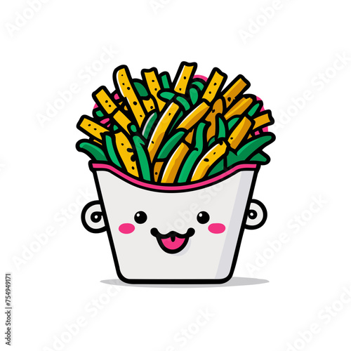 Illustration of anthropomorphized french fries in a bucket