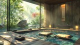 A tranquil indoor pool surrounded by lush forest views, featuring a serene waterfall, floating cushions, and peaceful natural lighting.