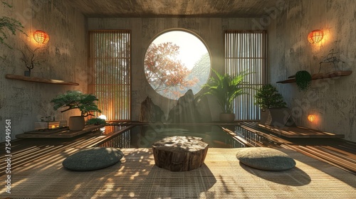An atmospheric zen onsen room, illuminated by natural sunlight, with a striking circular window overlooking autumn trees, featuring bonsai and bamboo.