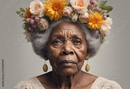 Senhora idosa afrodescendente com coroa de flores na cabeça olhando pra cima. photo