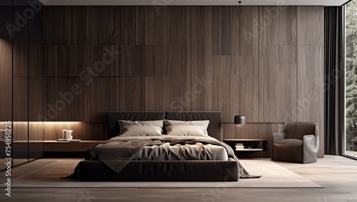 A modern bedroom with dark wood, a bed and a closet