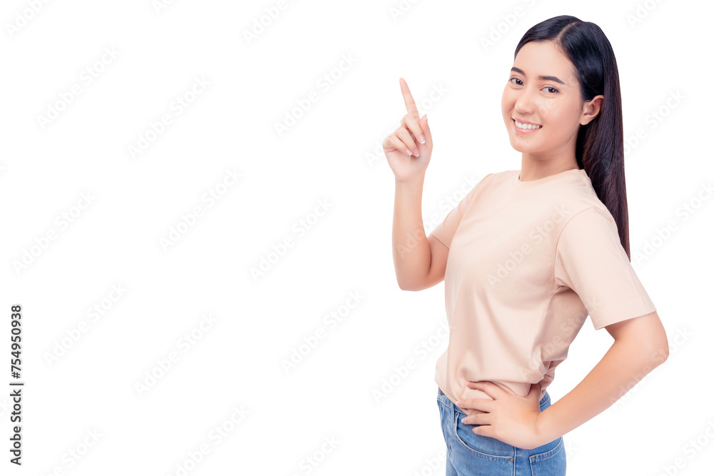 Beautiful young Asian woman pointing up to copy space and looking at camera with smile face and happy Pretty girl act like a satisfied product, use for advertising with isolated on white background Beautiful young Asian woman pointing up to copy space and looking at camera with smile face and happy Pretty girl act like a satisfied product, use for advertising with isolated on white background