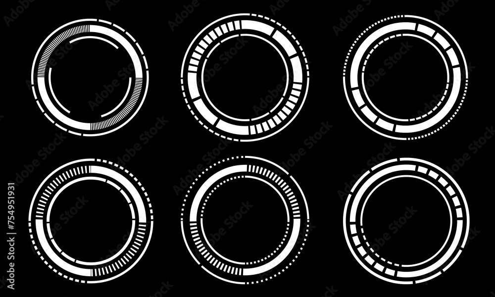 Set of sci fi white circle user interface elements technology futuristic design modern creative on black background vector Set of sci fi white circle user interface elements technology futuristic design modern creative on black background vector