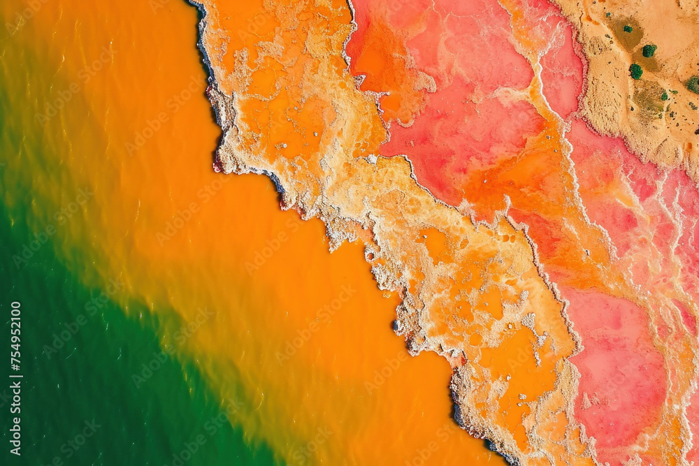 Vibrant Aerial View of Colorful Orange, Green, and Yellow Ocean with Majestic Wave in the Middle