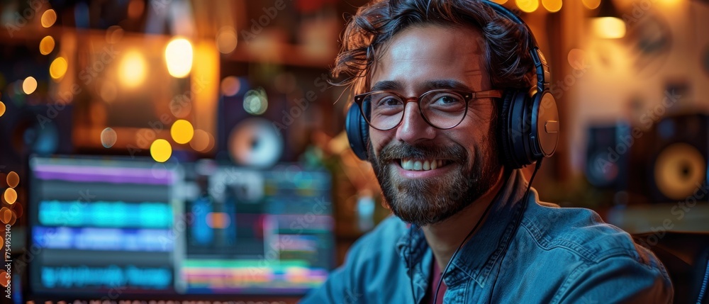 Man podcaster make audio podcast at studio. Man podcaster make audio podcast at studio.