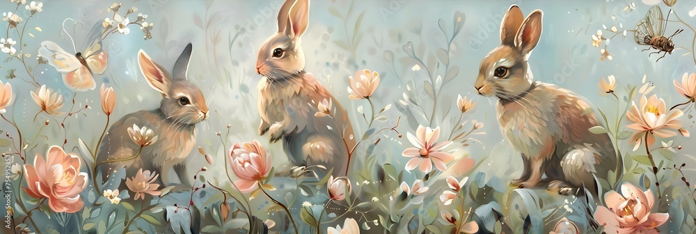 3D Bunny Art Pastoral Scene of Rabbits Painting Flowers, This charming ...
