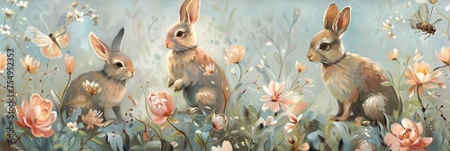 3D Bunny Art Pastoral Scene of Rabbits Painting Flowers, This charming and colorful stock photo is perfect for adding a touch of whimsy and nature to photo