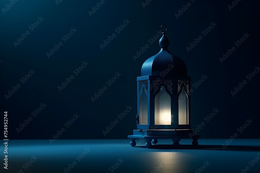 Fototapeta premium Arabic lantern with burning candles with copyspace on blue background. Ramadan Kareem greeting card