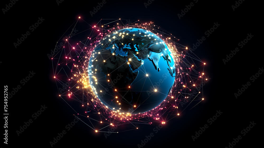 Obraz premium Global communication concept earth rotation and node network