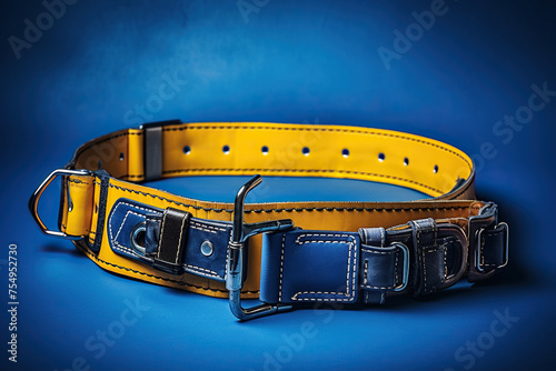 Construction safety belt in yellow color on a blue background. Generated by artificial intelligence