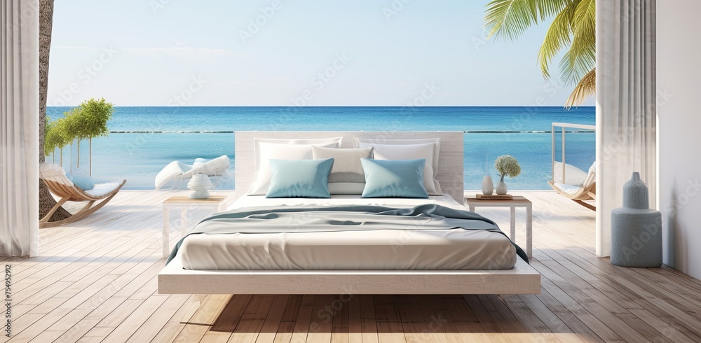 A white wooden board bed with pillows on the deck overlooking an ocean canvas printing