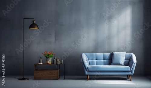 A gray living room with a dark wall and blue furniture