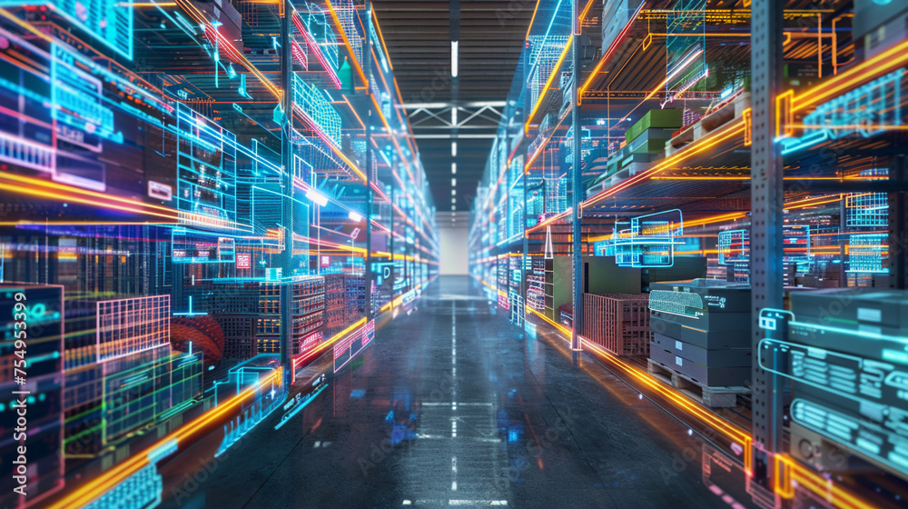 Futuristic tech retail warehouse showcasing digitalization and visualization of Industry 4.0 analyzing goods