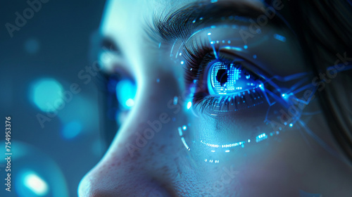 Futuristic woman cyborg blue light scanning retina analyzes data while gazing into distance a vision of AI evolution