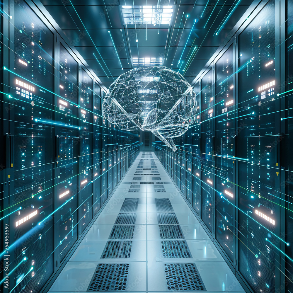 Obraz premium AI mind navigates the complex web of cyber security and network management visualized in a cutting-edge data center scene