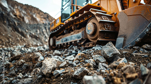 A bulldozer in action shifting rocks to form a pile at a construction site laying groundwork for new development photo