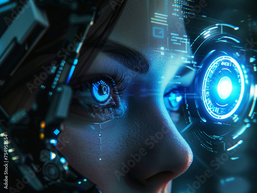 Advanced female cyborg with a glowing blue eye performing a retina scan embodying high-tech information processing