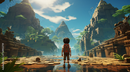 Kid archaeologist exploring floating ruins 3D render. Kid imagination and creative concept.