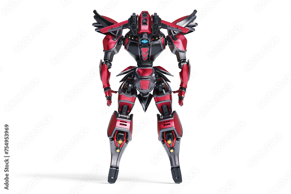Full body science-fiction mech samurai warrior with black red scratched armor metal, jetpack. Concept art of big military futuristic robot with heavy armor. Back view. 3d render isolated transparent.