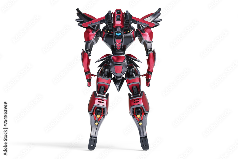 Full body science-fiction mech samurai warrior with black red scratched armor metal, jetpack. Concept art of big military futuristic robot with heavy armor. Back view. 3d render isolated transparent. Full body science-fiction mech samurai warrior with black red scratched armor metal, jetpack. Concept art of big military futuristic robot with heavy armor. Back view. 3d render isolated transparent.
