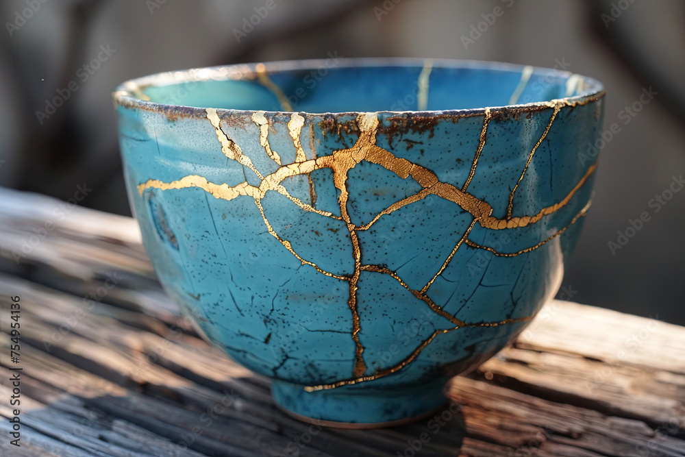Kintsugi raku tea bowl. Gold cracks restoration on old Japanese pottery ...