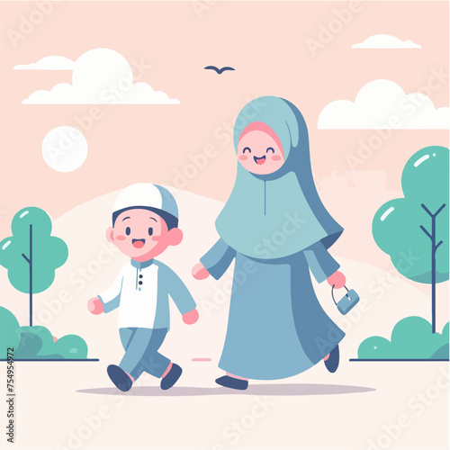 Islamic cartoon illustration of a Muslim mother and son walking on a sunny day