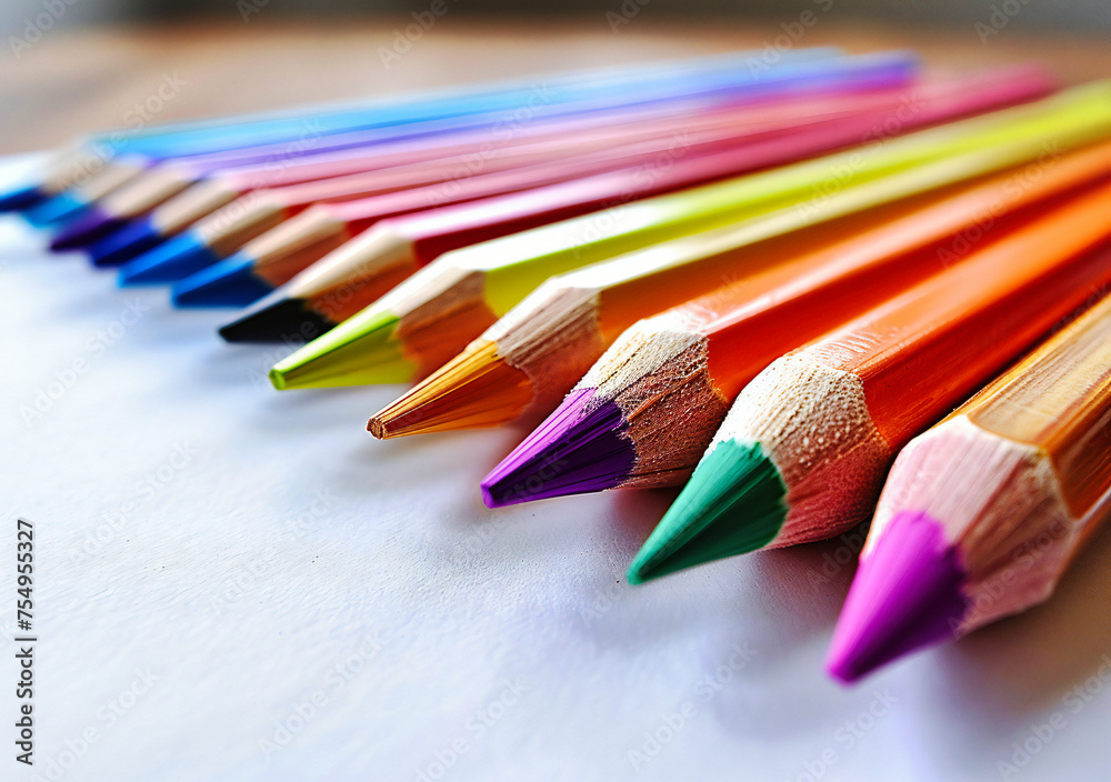 Obraz premium Palette of Possibilities: Brightly Colored Pencils Lined Up, Symbolizing the Unlimited Potential for Creativity and Expression