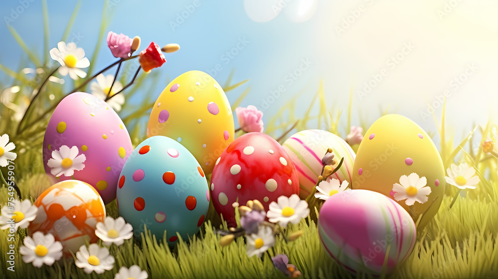 Easter themed banner with pastel colored eggs among spring plants