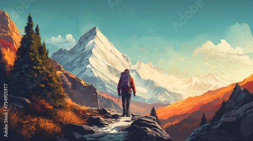 Adventurous man is standing on top of the mountain and enjoying the beautiful view during a vibrant sunset. Taken on top of Peak