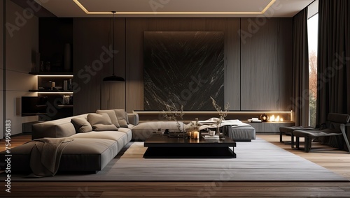 3d gray black modern living room interior with black furniture © tydeline