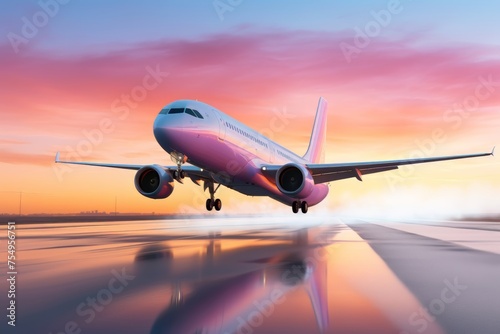 Commercial Airplane Taking Off at Sunset with Vibrant Sky