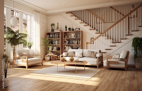A 3d render of a living room showing the staircase in the middle